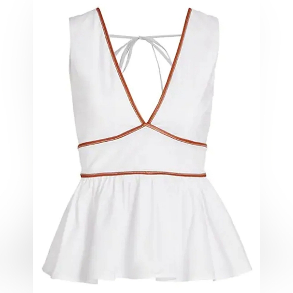 Staud Trent Peplum Top, Size 12 - WhiteFaux-leather piping out